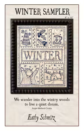 Winter-themed sampler with black and white designs and text on a beige background