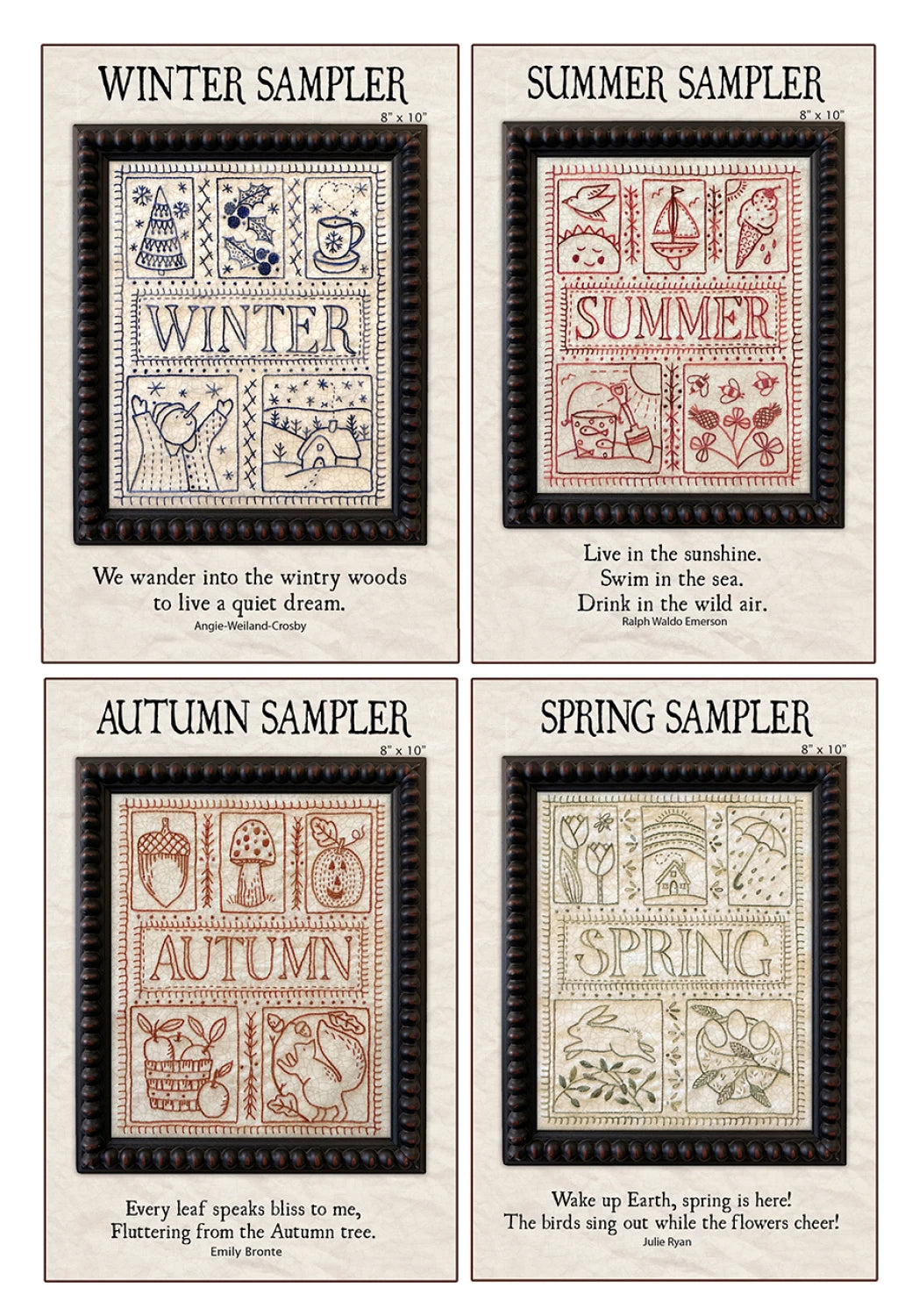 Four sampler prints for winter, summer, autumn, and spring with black frames and text.