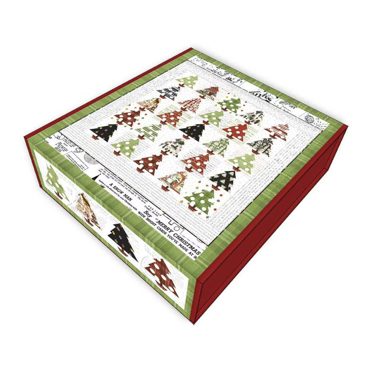 Quilt pattern packaging with Christmas tree design on a white background