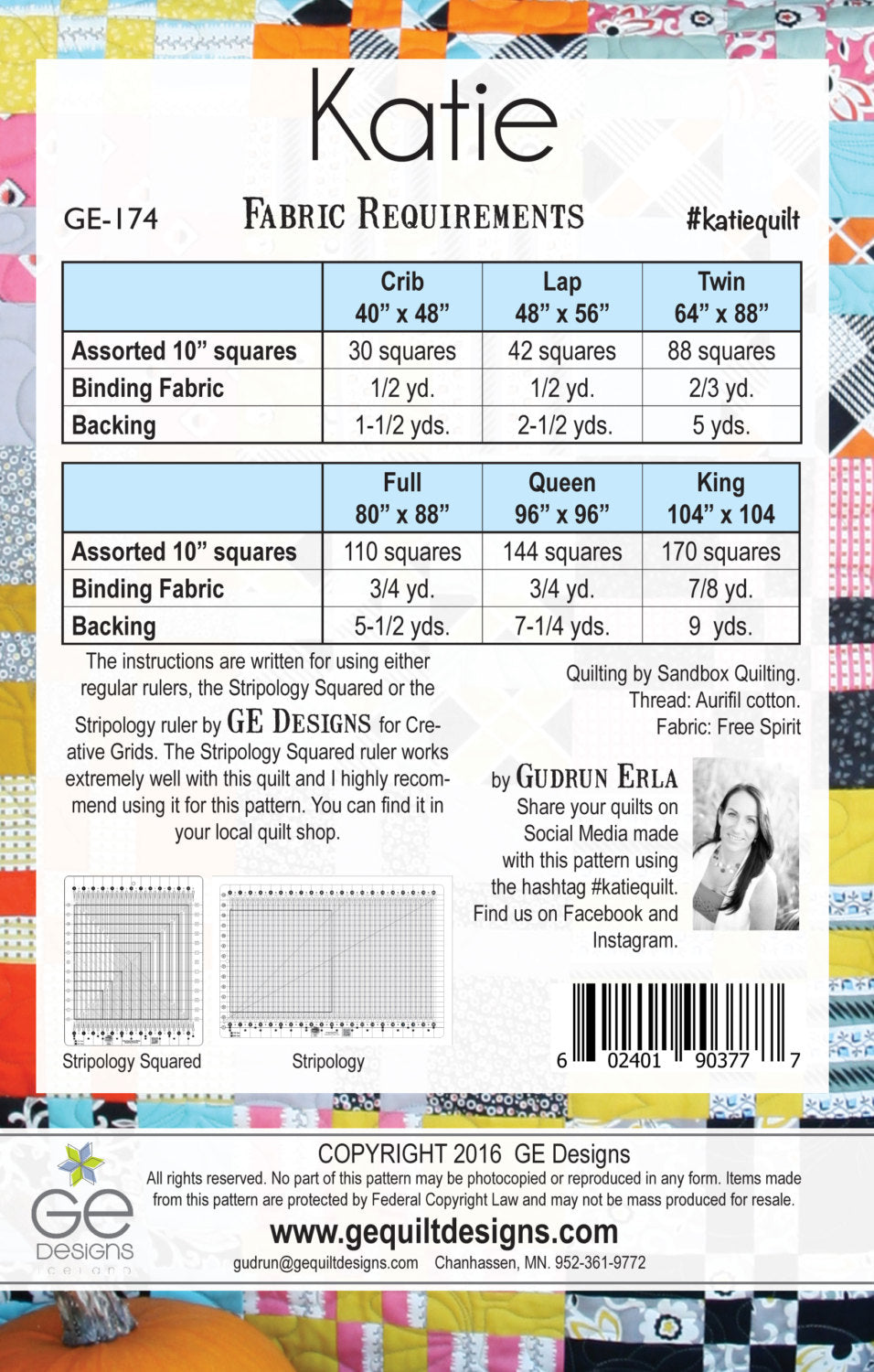 GE Designs Katie 10" Square Quilt Pattern 174 — Disappearing Block Stacker Quilt, Stripology