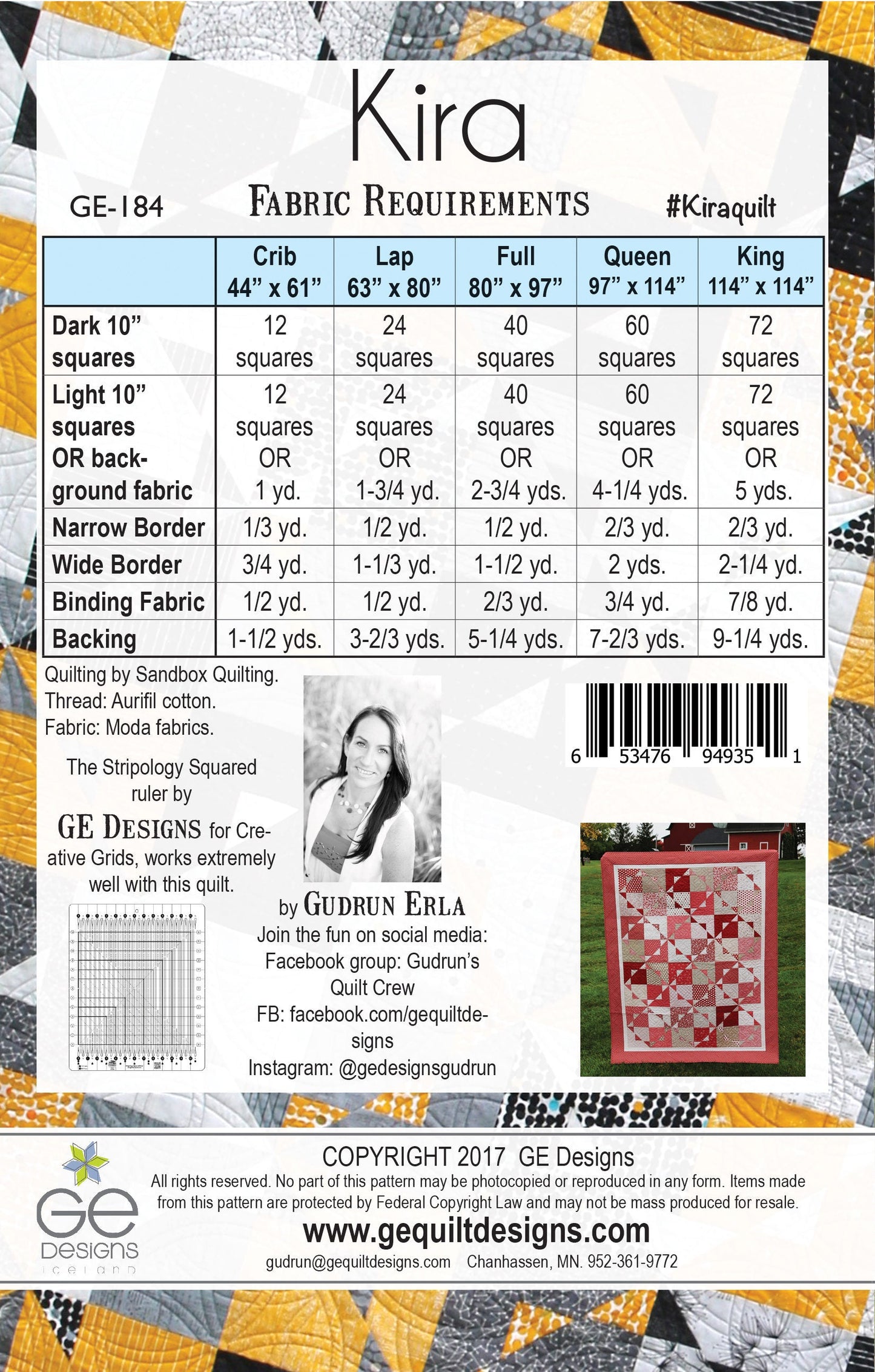 Fabric requirements chart for Kira quilt pattern with quilt image and branding details.