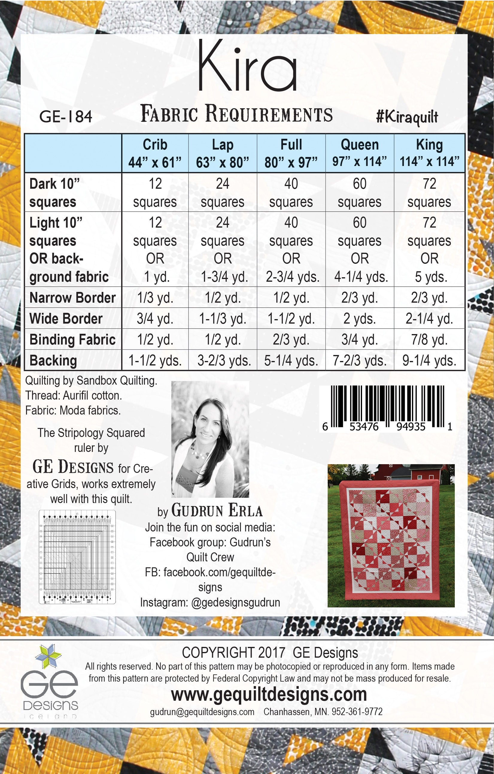 Fabric requirements chart for Kira quilt pattern with quilt image and branding details.