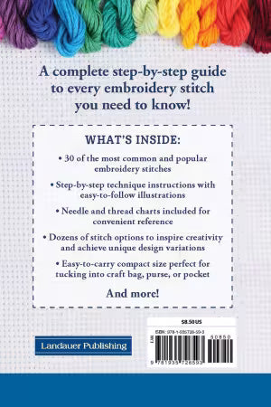 Book cover with text about embroidery guide and colorful yarn at the top