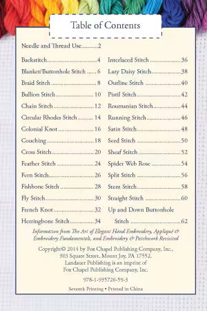Table of contents for an embroidery book with stitch names and page numbers.