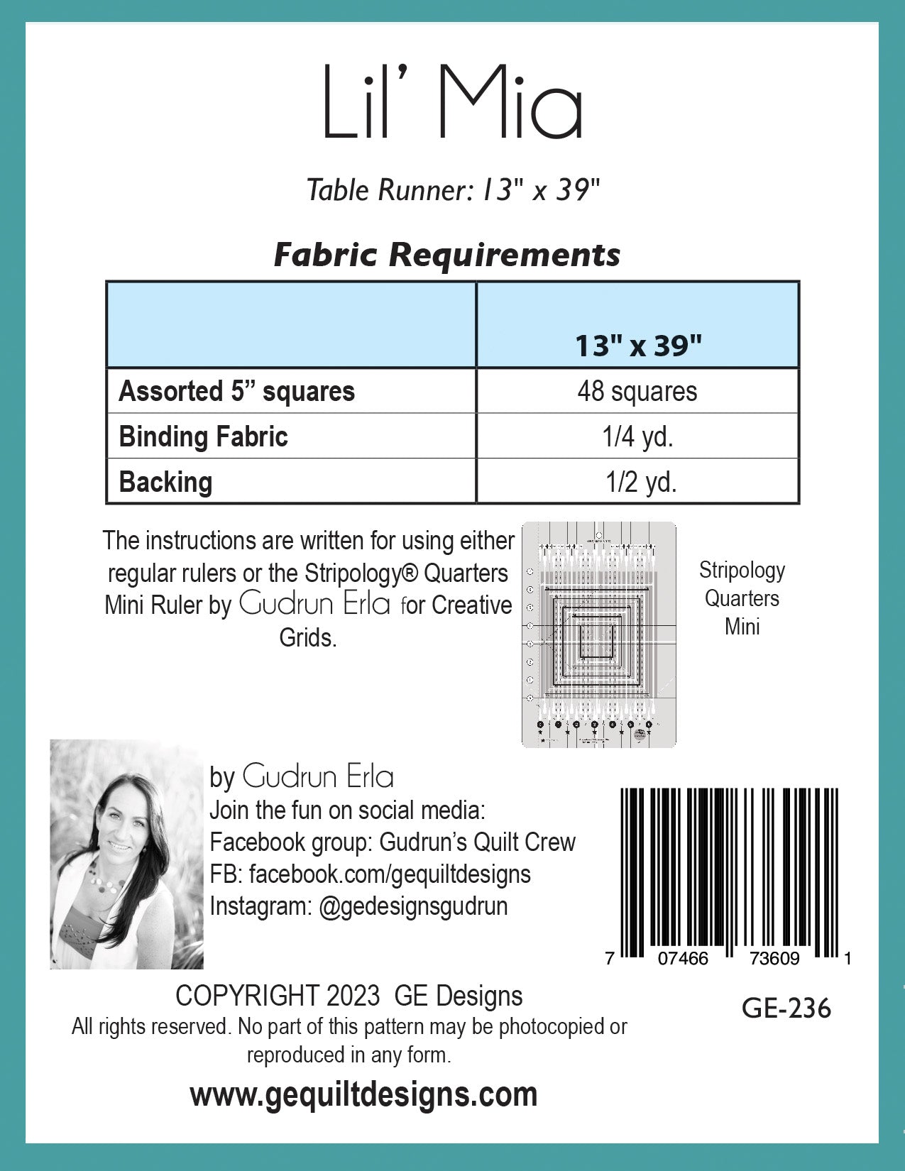 GE Designs Lil' Mia Table Runner Pattern 236 — Charm Square Runner, Stripology Quarters Mini