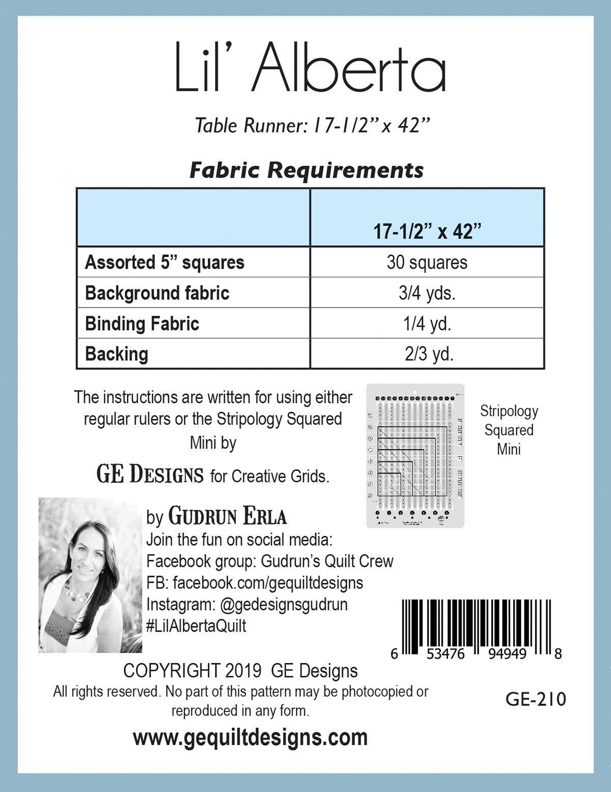 GE Designs Lil' Alberta Table Runner Pattern 210 — Charm Square Runner, Stripology Squared Mini