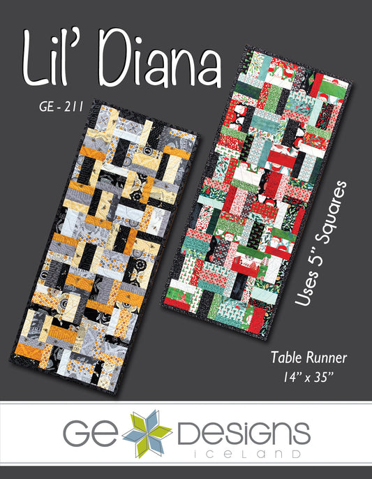 Table runner pattern with geometric design on a dark background, featuring the brand 'GE Designs'.