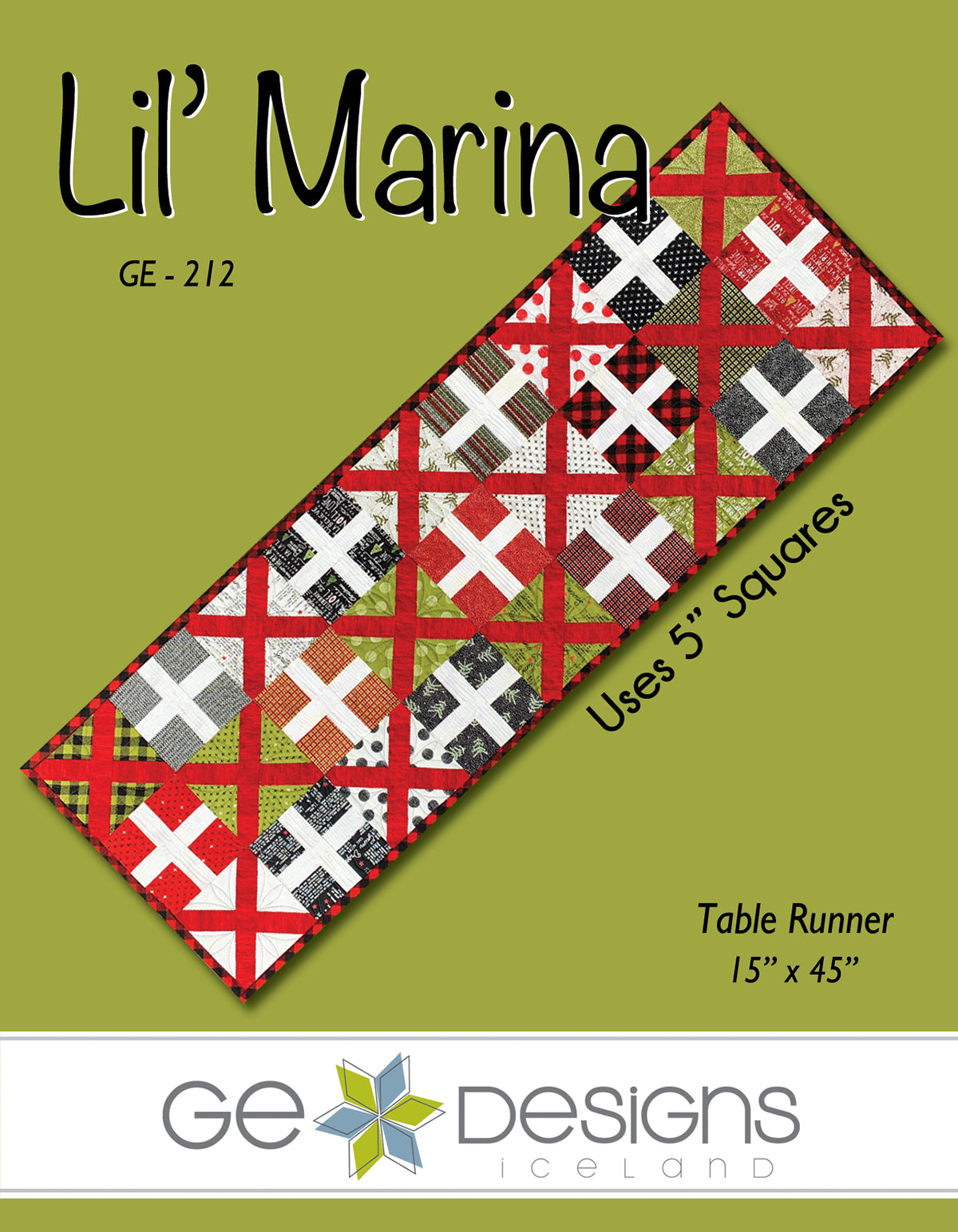 Quilt pattern cover for 'Lil' Marina' table runner with geometric design on a green background, featuring GE Designs Iceland logo.