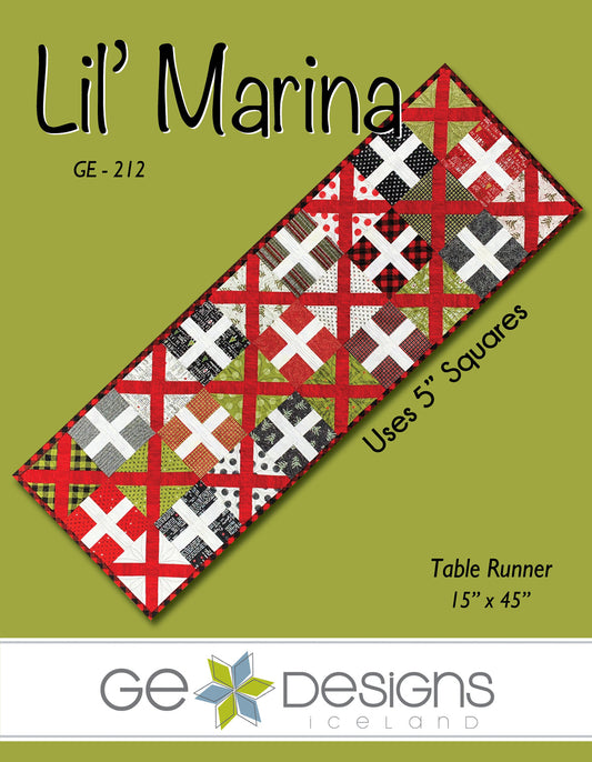 Quilt pattern cover for 'Lil' Marina' table runner with geometric design on a green background, featuring GE Designs Iceland logo.