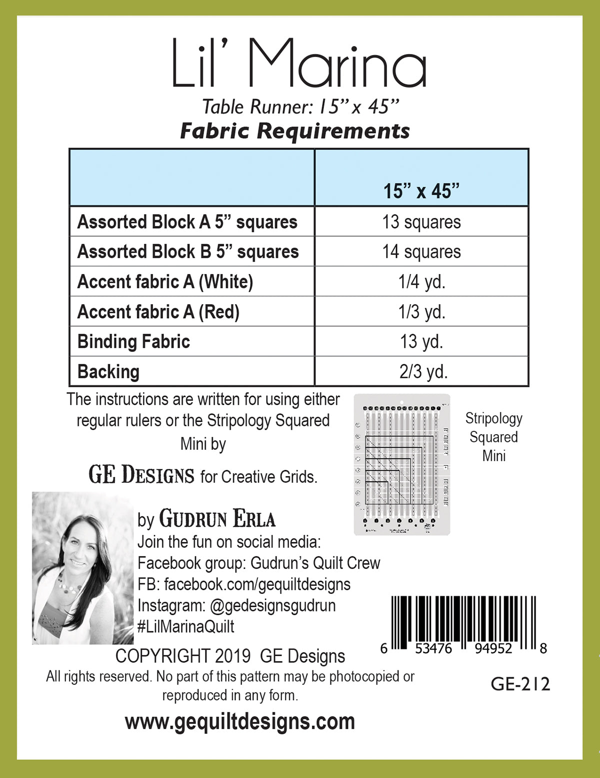 GE Designs Lil' Marina Table Runner Pattern 212 — Two-Block Charm Square Runner, Stripology Mini