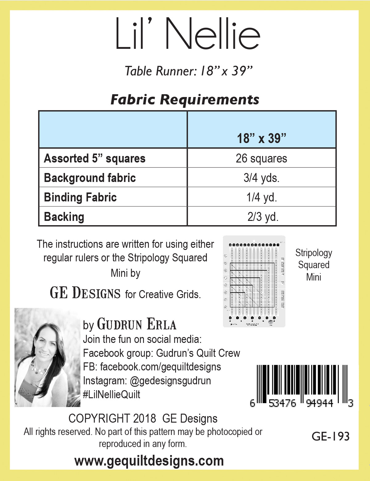 GE Designs Lil' Nellie Table Runner Pattern 193 — Charm Square Runner, Stripology Squared Mini
