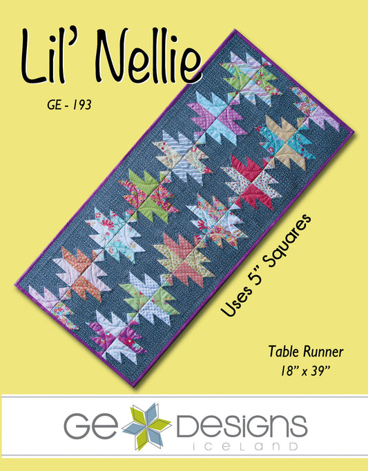 Quilt pattern for a table runner titled 'Lil' Nellie' with GE Designs logo on a yellow background.
