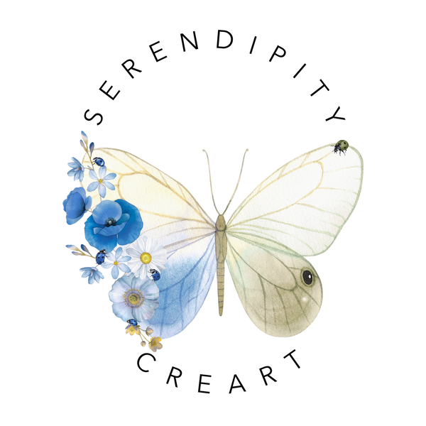 Butterfly with blue and white wings and flowers, surrounded by 'Serendipity Creart' text.