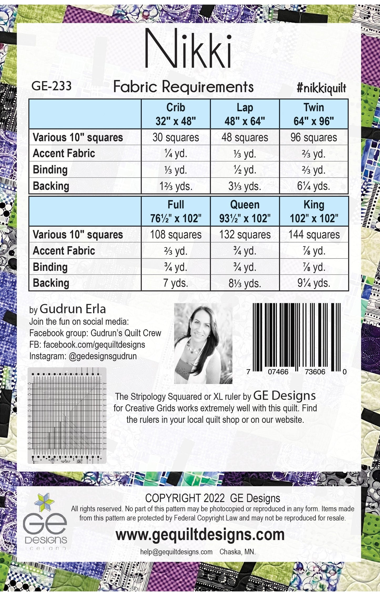 GE Designs Nikki 10" Square Quilt Pattern 233 — 6 Size Options, Geometric Stacker Quilt