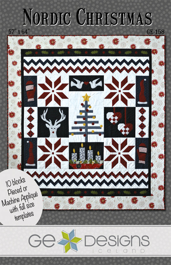 Quilt pattern packaging for 'Nordic Christmas' by GE Designs on a gray background.