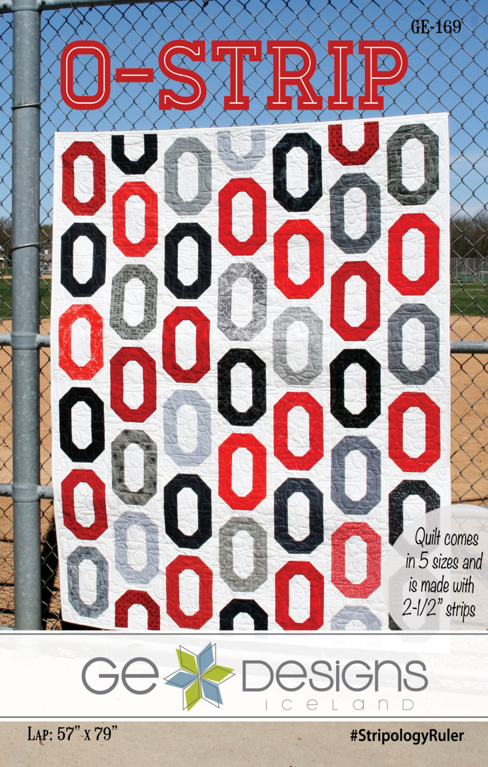 Quilt pattern with 'O-Strip' design on a fence background, featuring GE Designs logo.