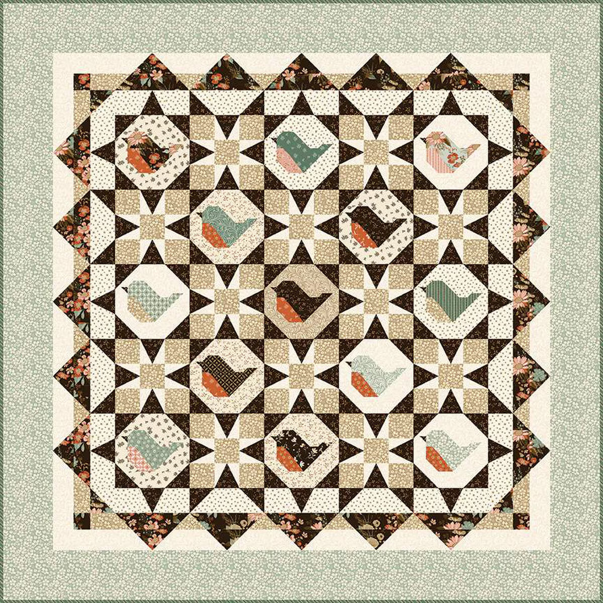 Quilt with bird pattern on a light green background using Morning Latter Collection