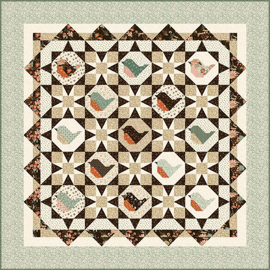 Quilt with bird pattern on a light green background using Morning Latter Collection