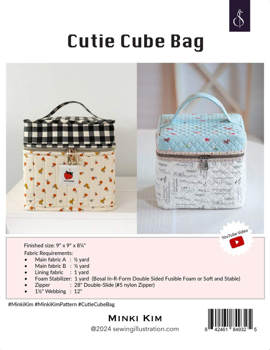 Cutie Cube Bag pattern with fabric requirements and Minki Kim branding.