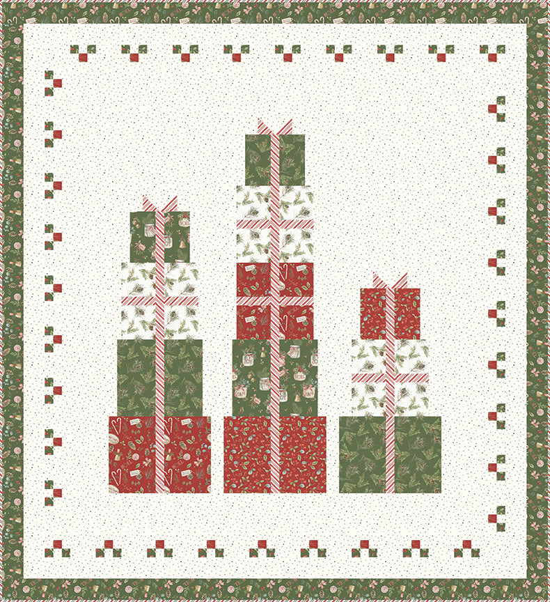 Quilt with Christmas-themed presents design on a white background