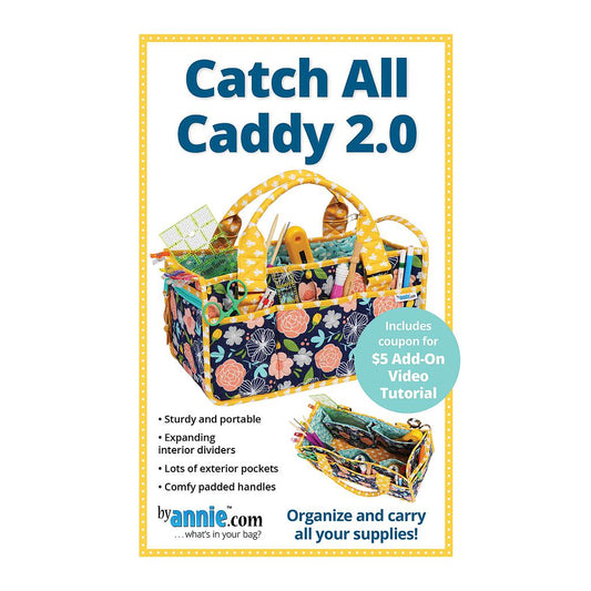 Product packaging for 'Catch All Caddy 2.0' with colorful caddy and text on a white background.