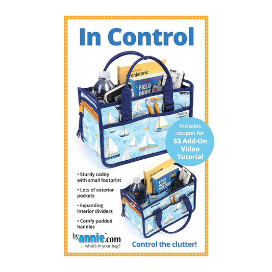 Organizer bag with sailboat design on a white background, featuring text about product features and Annie.com branding.