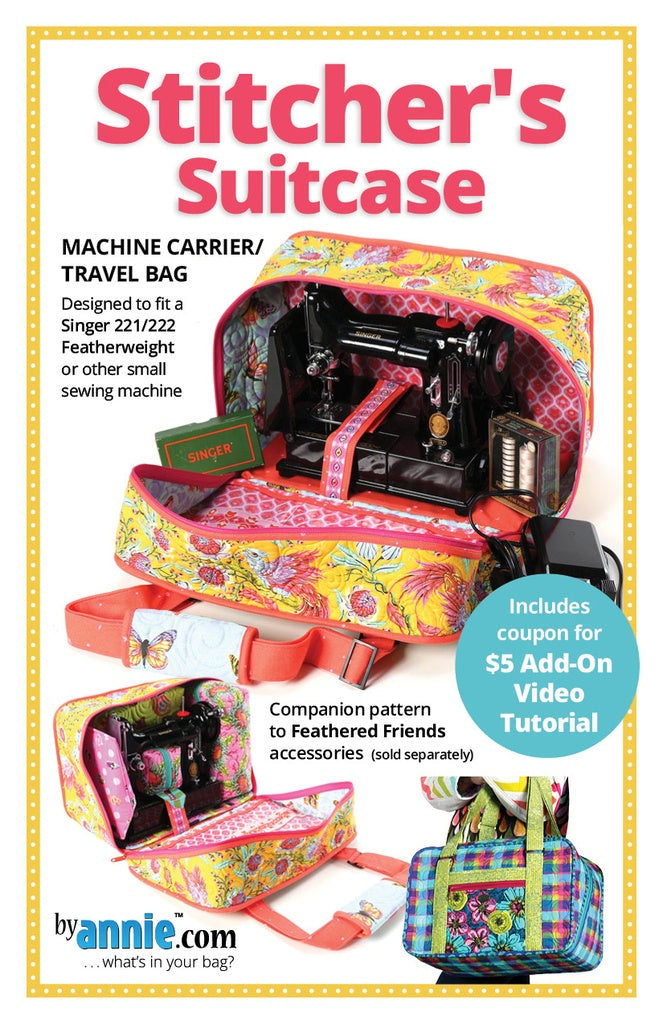 Stitcher's Suitcase sewing pattern by ByAnnie featuring a portable fabric organizer with pockets and compartments for sewing tools, notions, thread, and craft supplies.