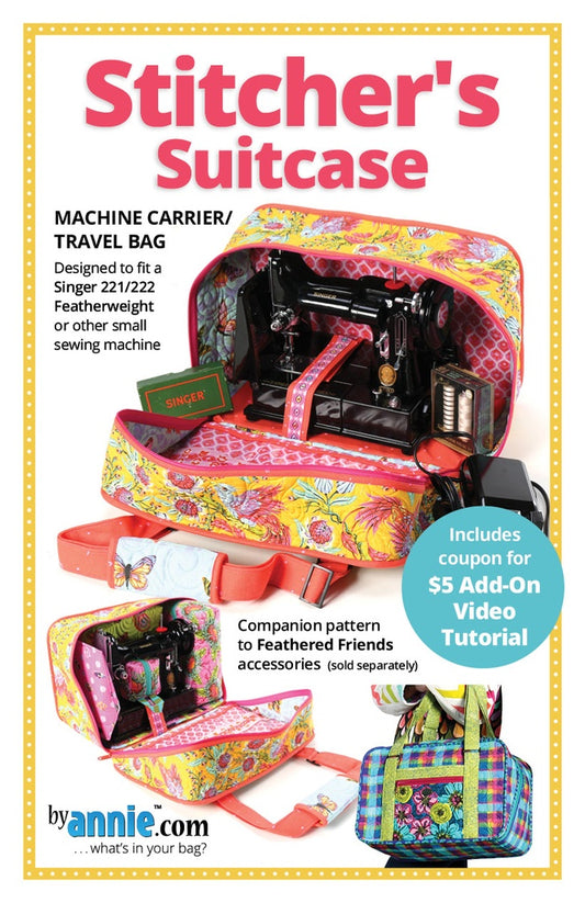 Stitcher's Suitcase sewing pattern by ByAnnie featuring a portable fabric organizer with pockets and compartments for sewing tools, notions, thread, and craft supplies.