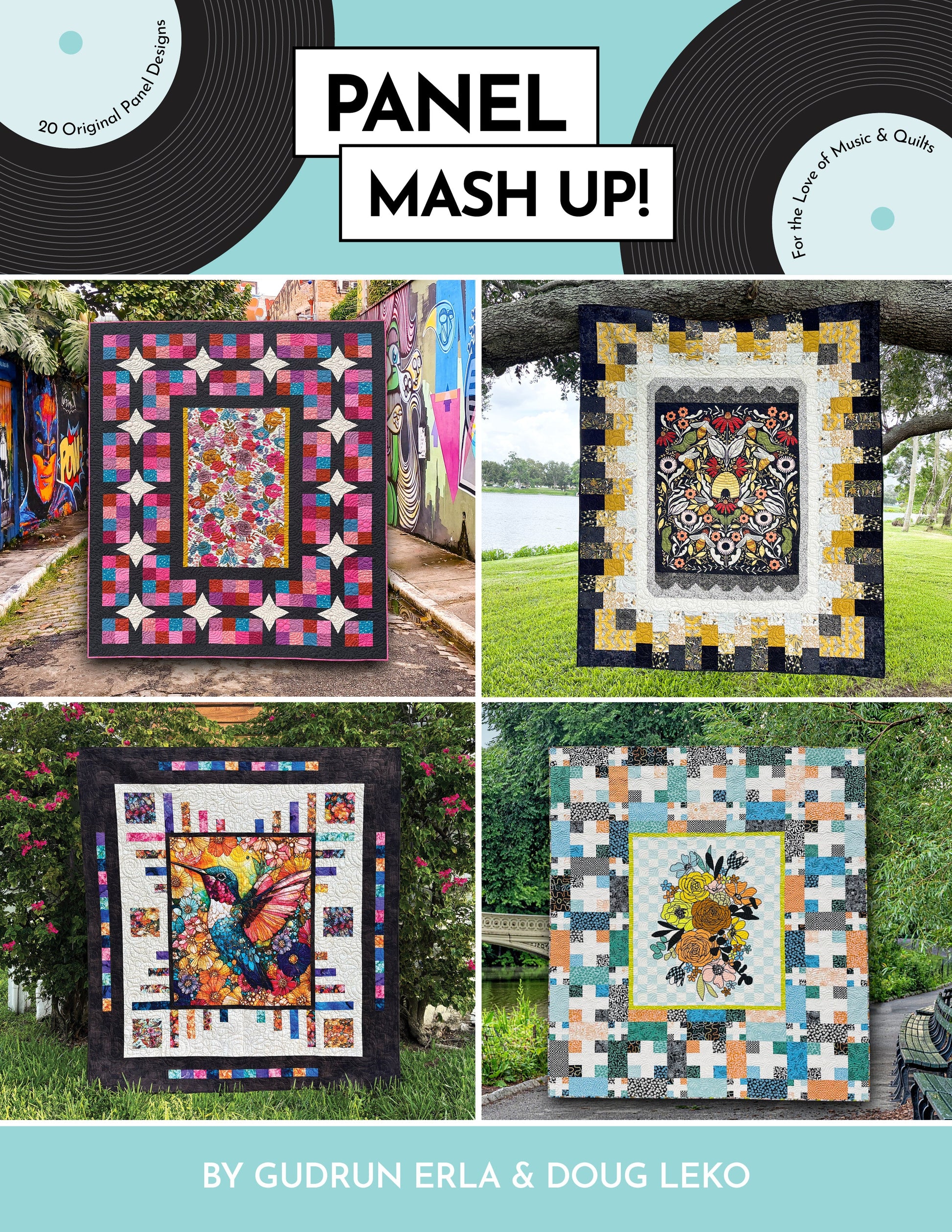 Cover of a book titled 'Panel Mash Up!' featuring four colorful quilt panels on a blue background.
