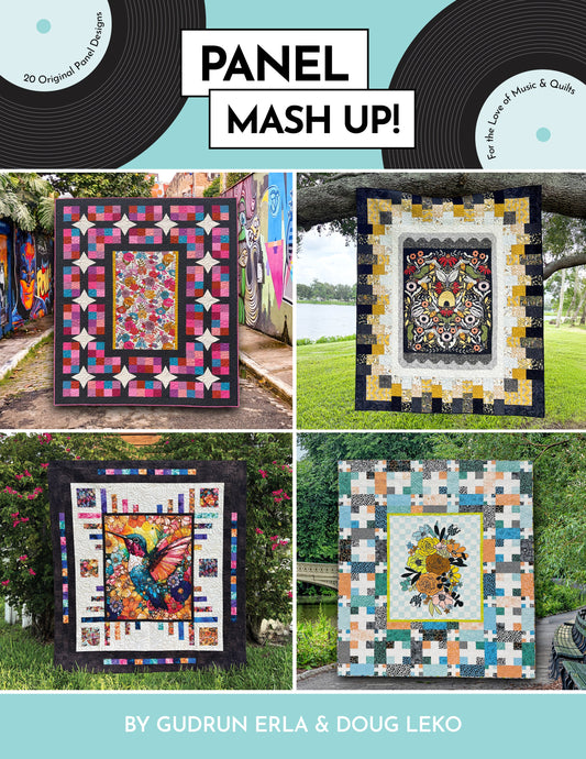Cover of a book titled 'Panel Mash Up!' featuring four colorful quilt panels on a blue background.