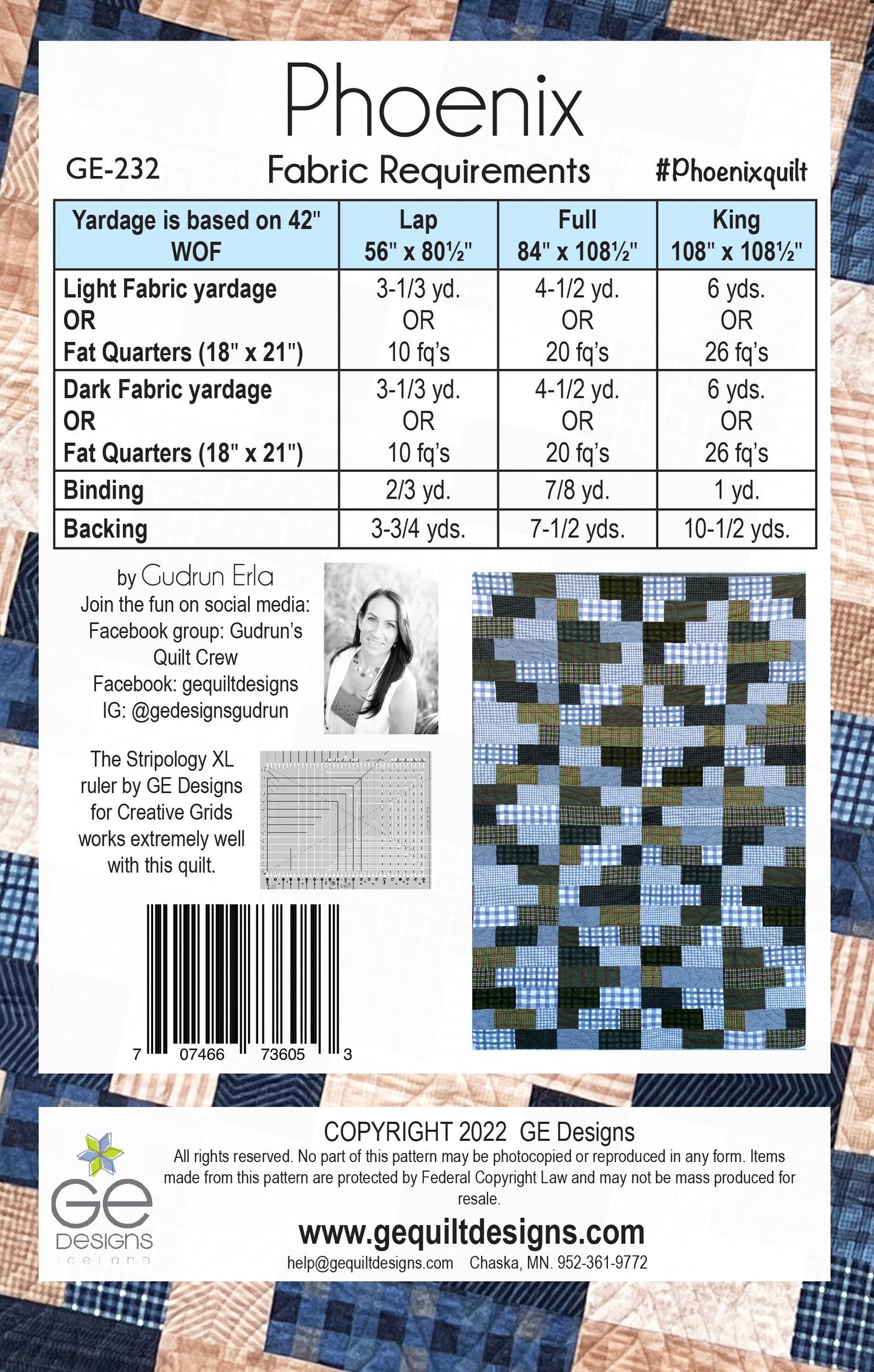 GE Designs Phoenix Fat Quarter Quilt Pattern 232 — Beginner Friendly Flannel Quilt, 3 Sizes