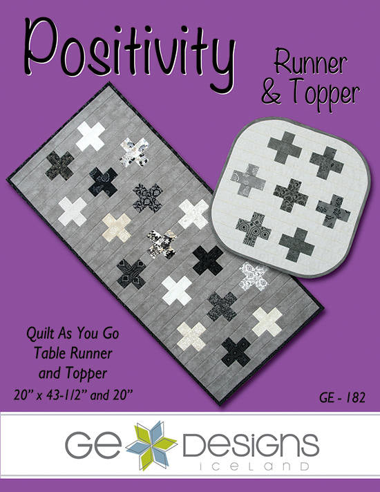 Quilt pattern cover with a table runner and topper design on a purple background, featuring GE Designs Iceland logo.