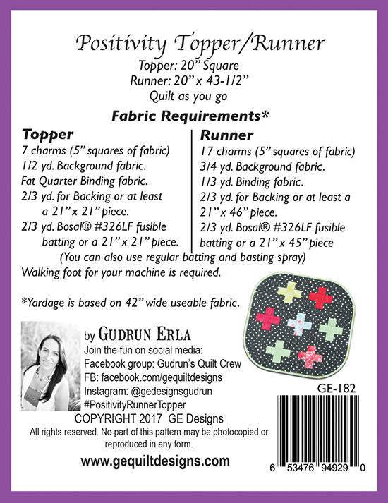 GE Designs Positivity Table Runner and Topper Pattern 182 — Charm Square Quilt As You Go Set