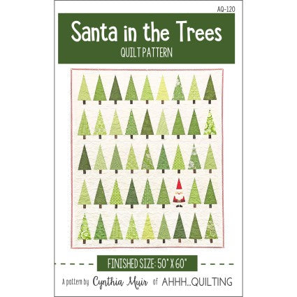 Quilt pattern cover for 'Santa in the Trees' with green trees and a small Santa figure.
