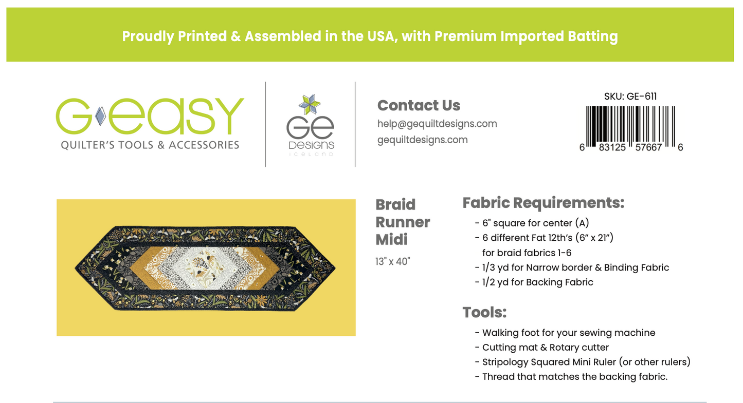 GE Designs Quilt As You Go Batting Kit — Braid Runner Midi, Pre-Cut QAYG Table Runner Batting