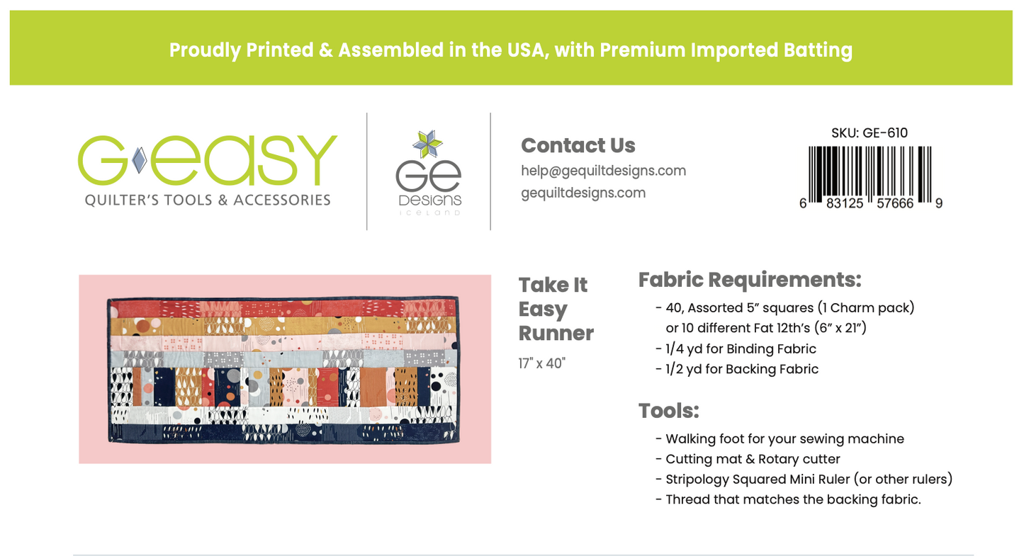 GE Designs Quilt As You Go Batting Kit — Take It Easy Table Runner, Pre-Cut QAYG Batting