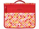 Plaid patterned bag with a red handle on a white background
