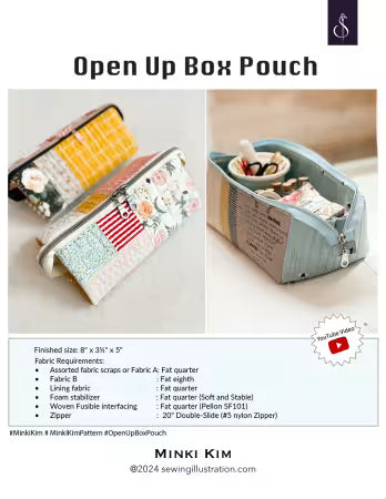 Open Up Box Pouch sewing pattern with fabric swatches and product images.