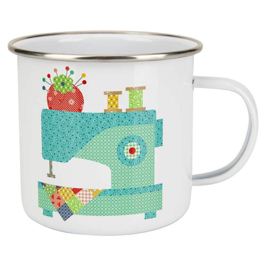 Mug with sewing machine and thread design on a white background
