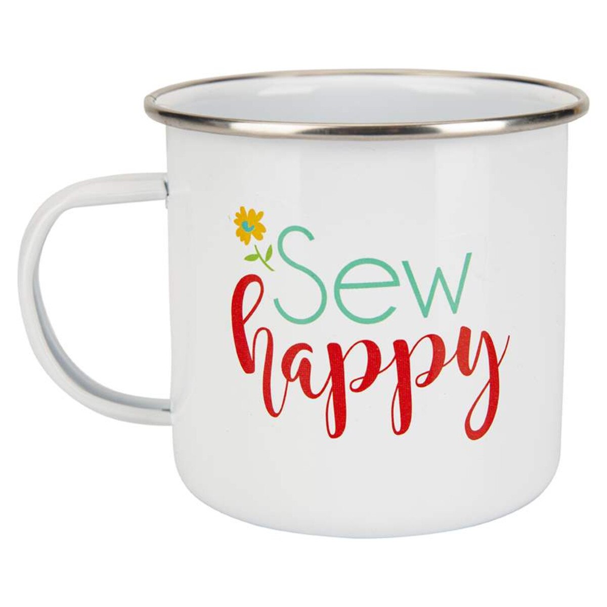 White mug with 'Sew happy' text and a flower on a white background