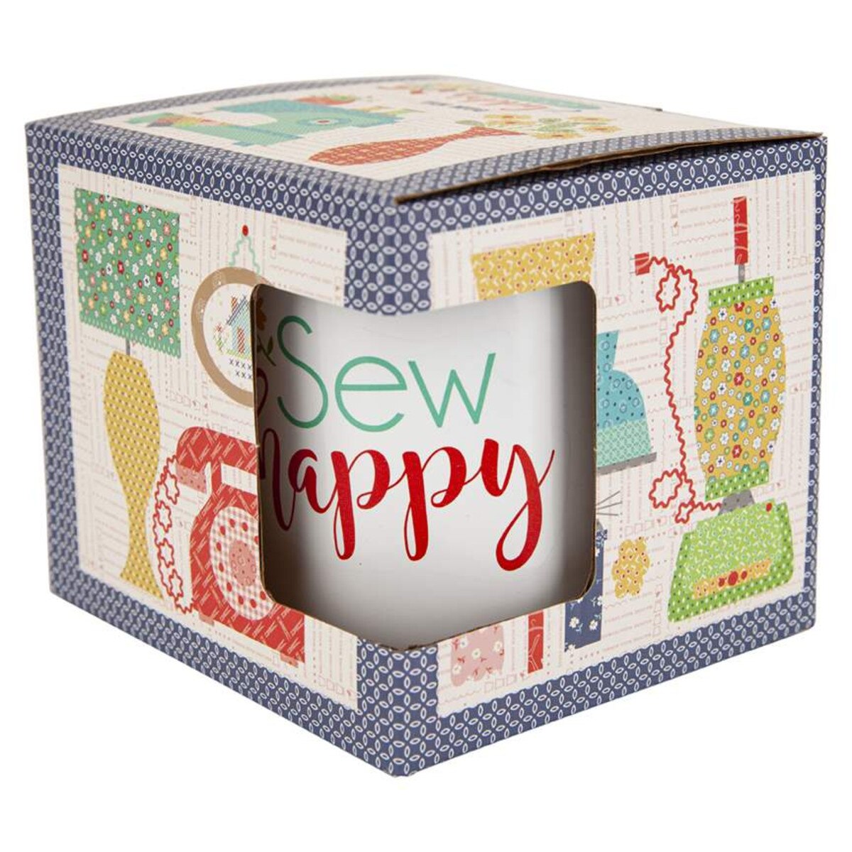 Mug with 'Sew Happy' text in a decorative box with sewing-themed graphics