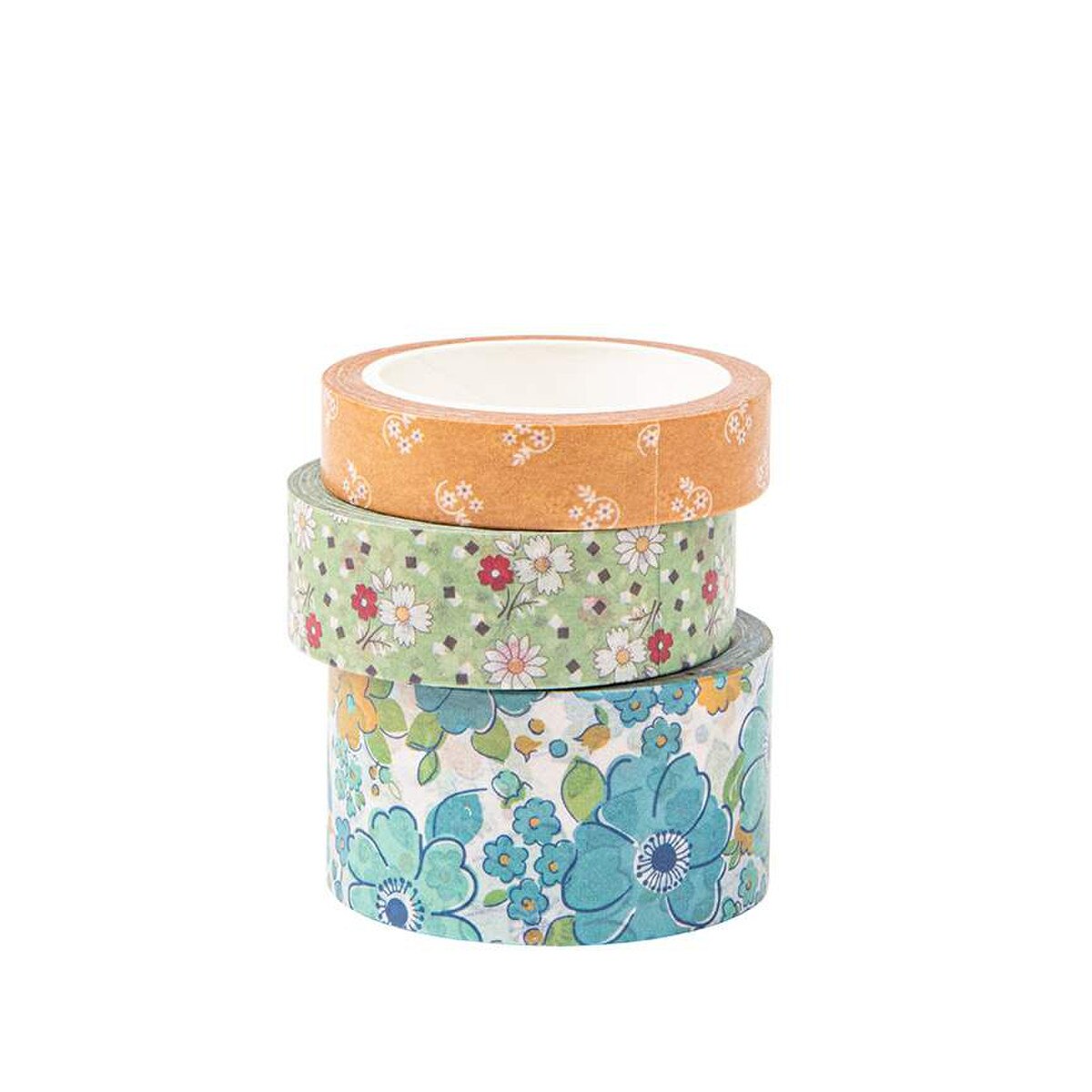 Three rolls of floral-patterned tape on a white background