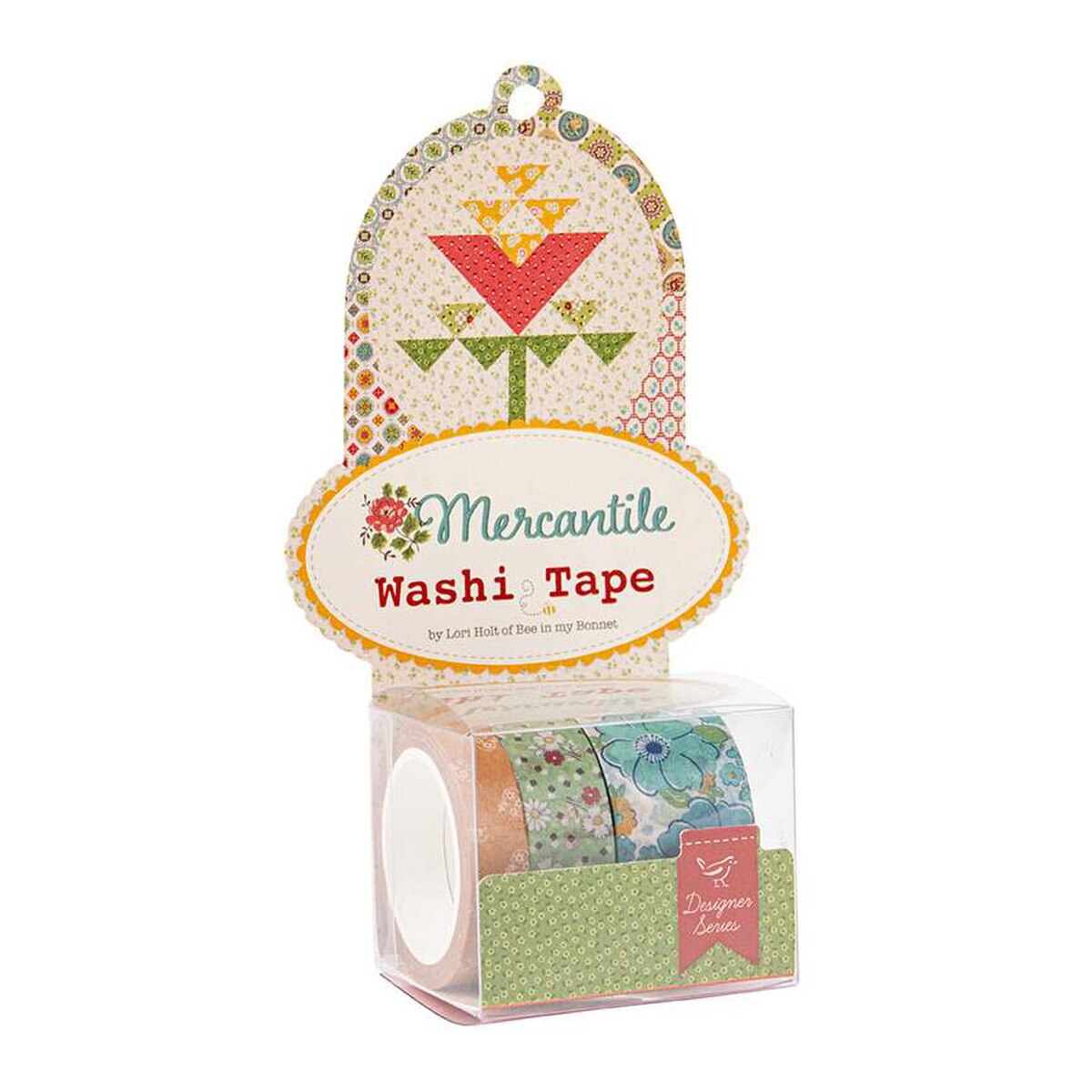 Packaged washi tape with colorful design and 'Mercantile' branding on a white background