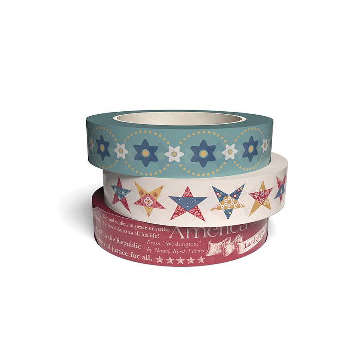 Three rolls of decorative tape with star patterns on a white background