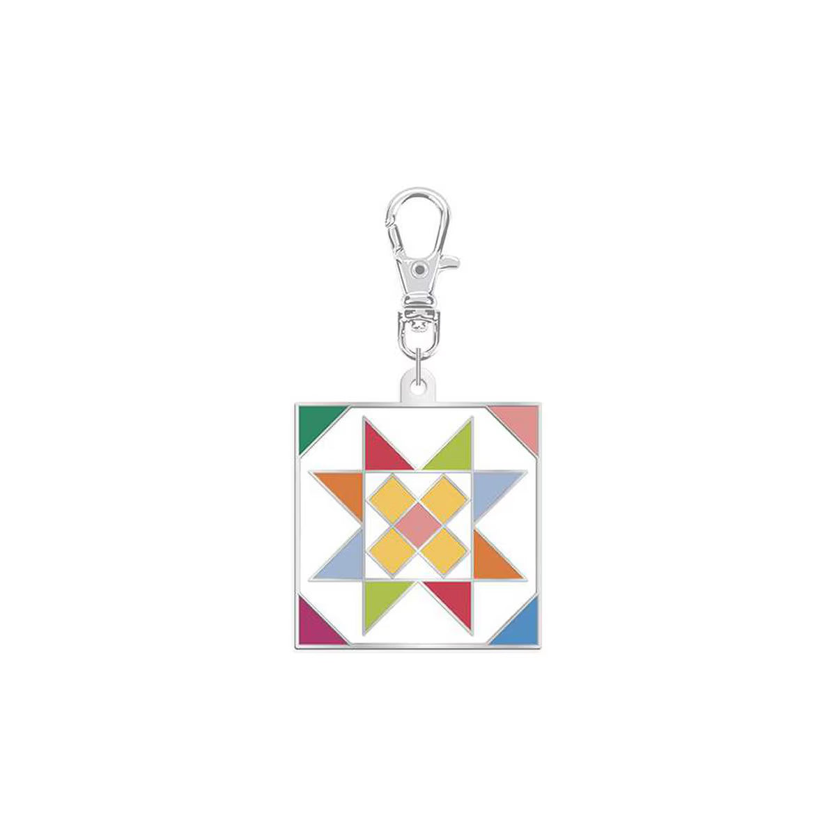 Riley Blake Colorful geometric design keychain with a silver clasp on a white background