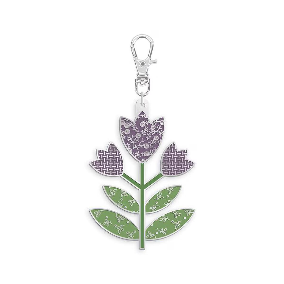 Riley Blake Floral design keychain with purple flowers and green leaves on a white background