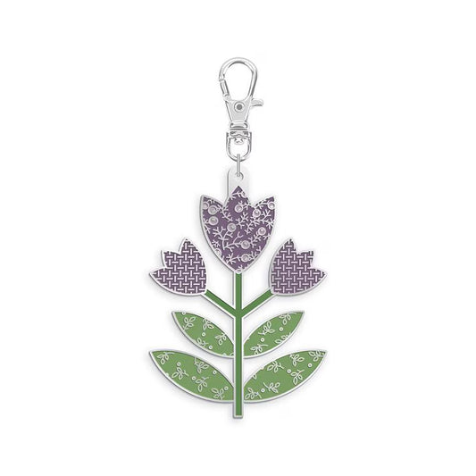 Riley Blake Floral design keychain with purple flowers and green leaves on a white background