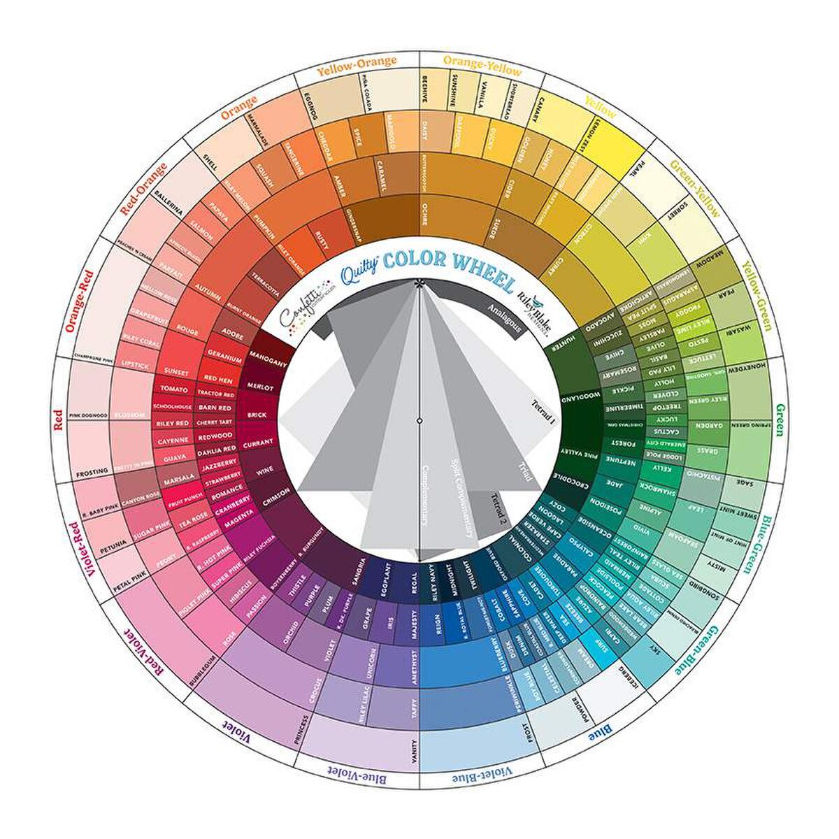 Color wheel with labeled colors on a white background