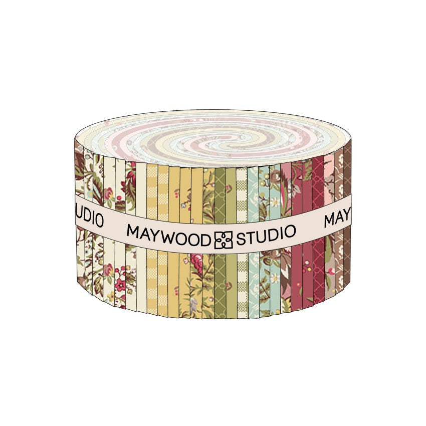 Roll of decorative tape with floral patterns and Maywood Studio branding on a white background