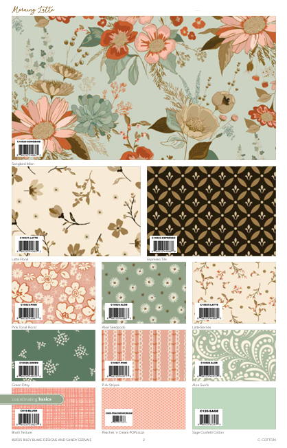 Collection of floral and patterned paper sheets with barcodes on a white background. Morning Latte